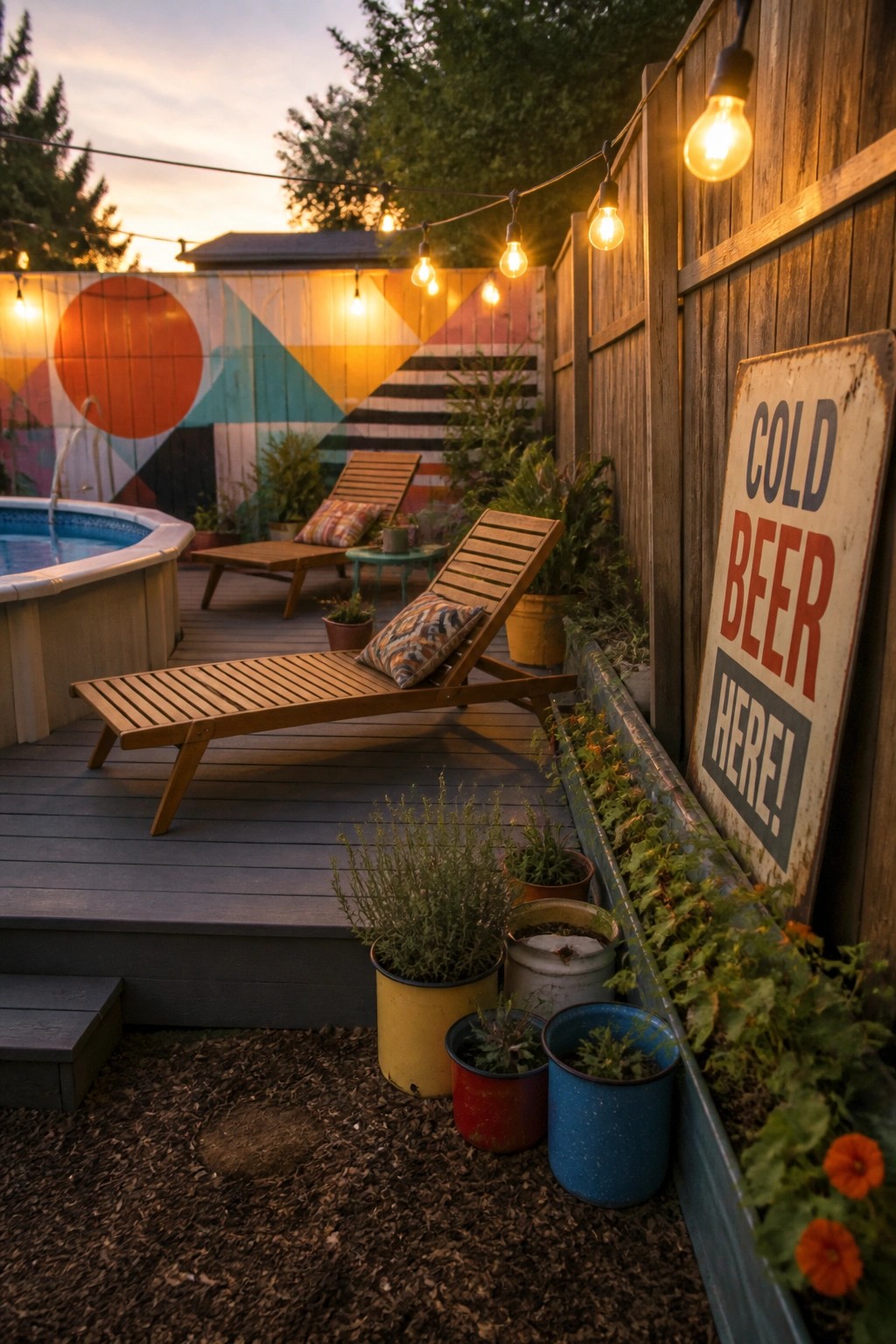 A small above-ground pool on a wooden deck with string lights overhead, two lounge chairs, and potted plants along a fence with a colorful mural.