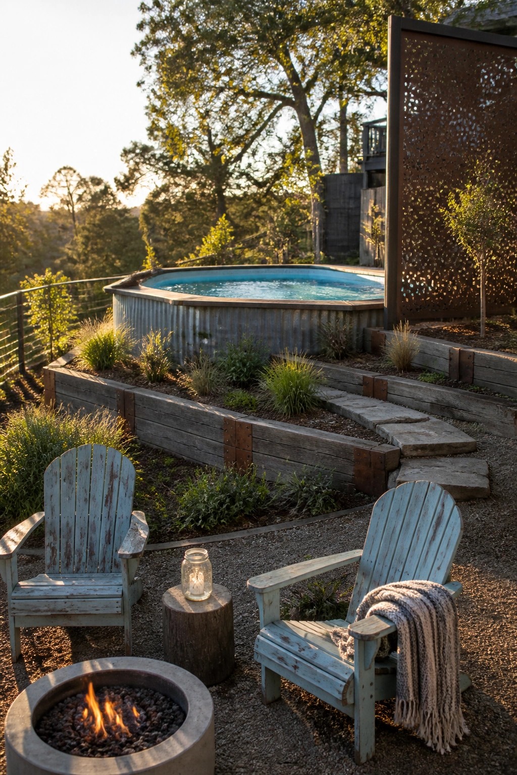An above-ground stock tank pool set into wooden retaining walls with planted beds, stone steps, two weathered Adirondack chairs, and a fire pit in a backyard.