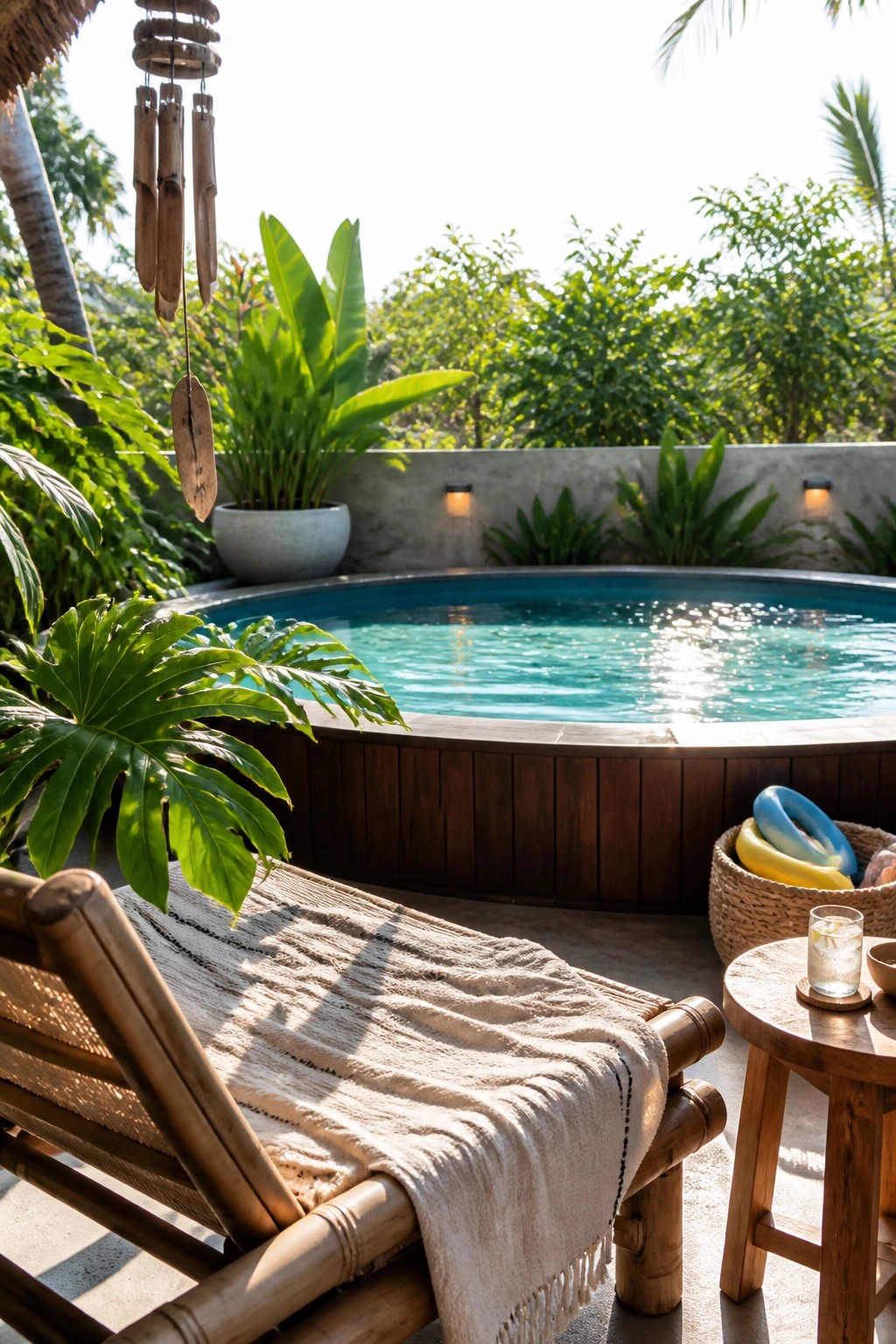 A small round above-ground pool with dark wood siding is positioned next to a bamboo lounge chair draped with a light blanket and a round wooden side table holding a glass.