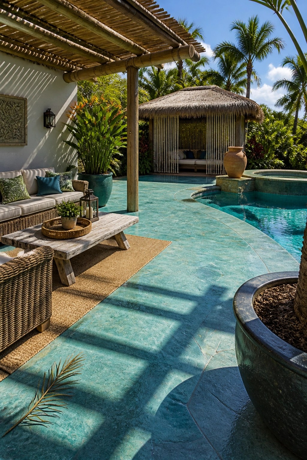 A curved turquoise stamped concrete pool deck with bamboo structures, wicker seating, and tropical plants.