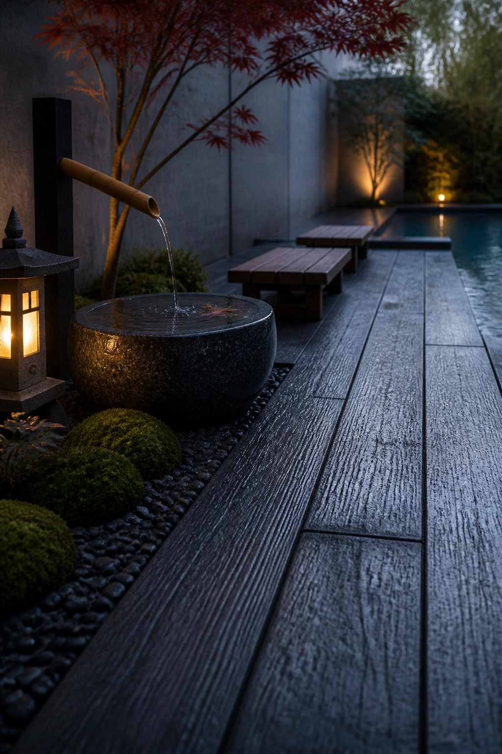 A dark wooden deck runs alongside a pool at night, with a stone water basin, bamboo spout, lantern, and red maple tree on the left side.