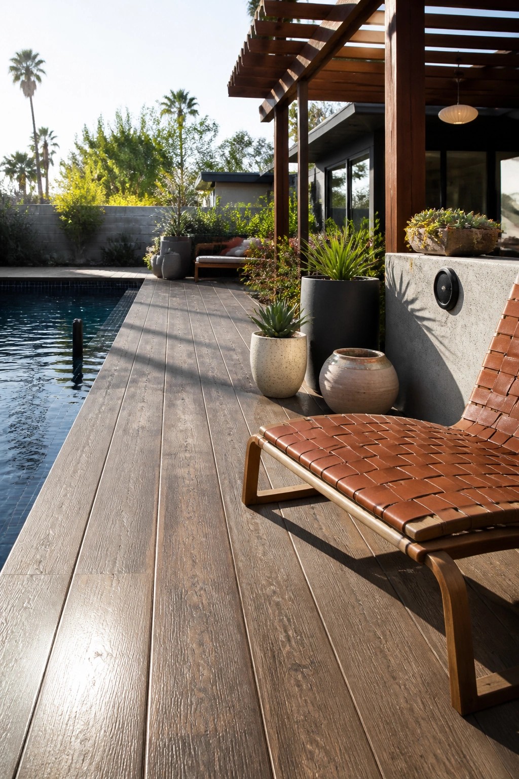 A modern pool deck with dark wood plank flooring, a brown leather lounge chair, potted plants, and a swimming pool on the left.