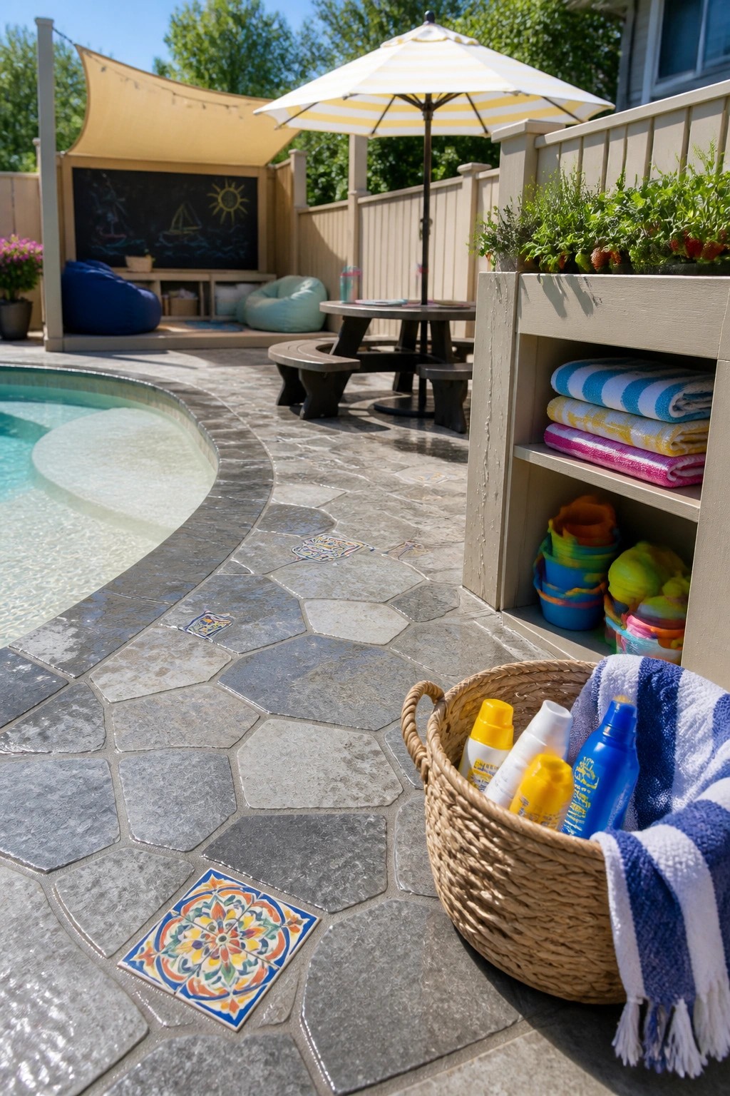 Stone patio by pool with wicker basket of towels, sunscreen, and colorful shelves