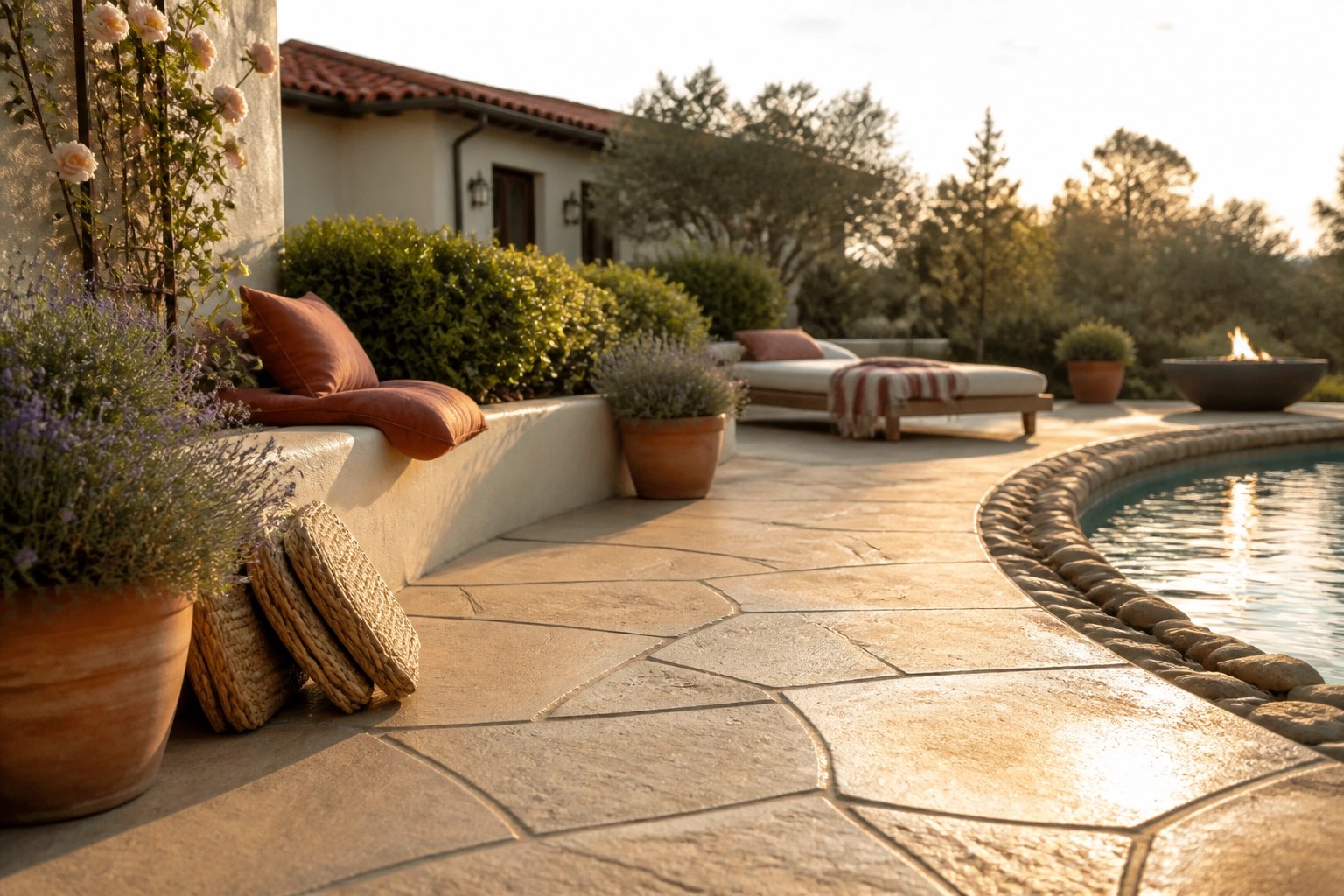 A curved stamped concrete pool deck with an irregular stone pattern borders a swimming pool, next to a wooden lounge chair and built-in seating with rust-colored cushions.
