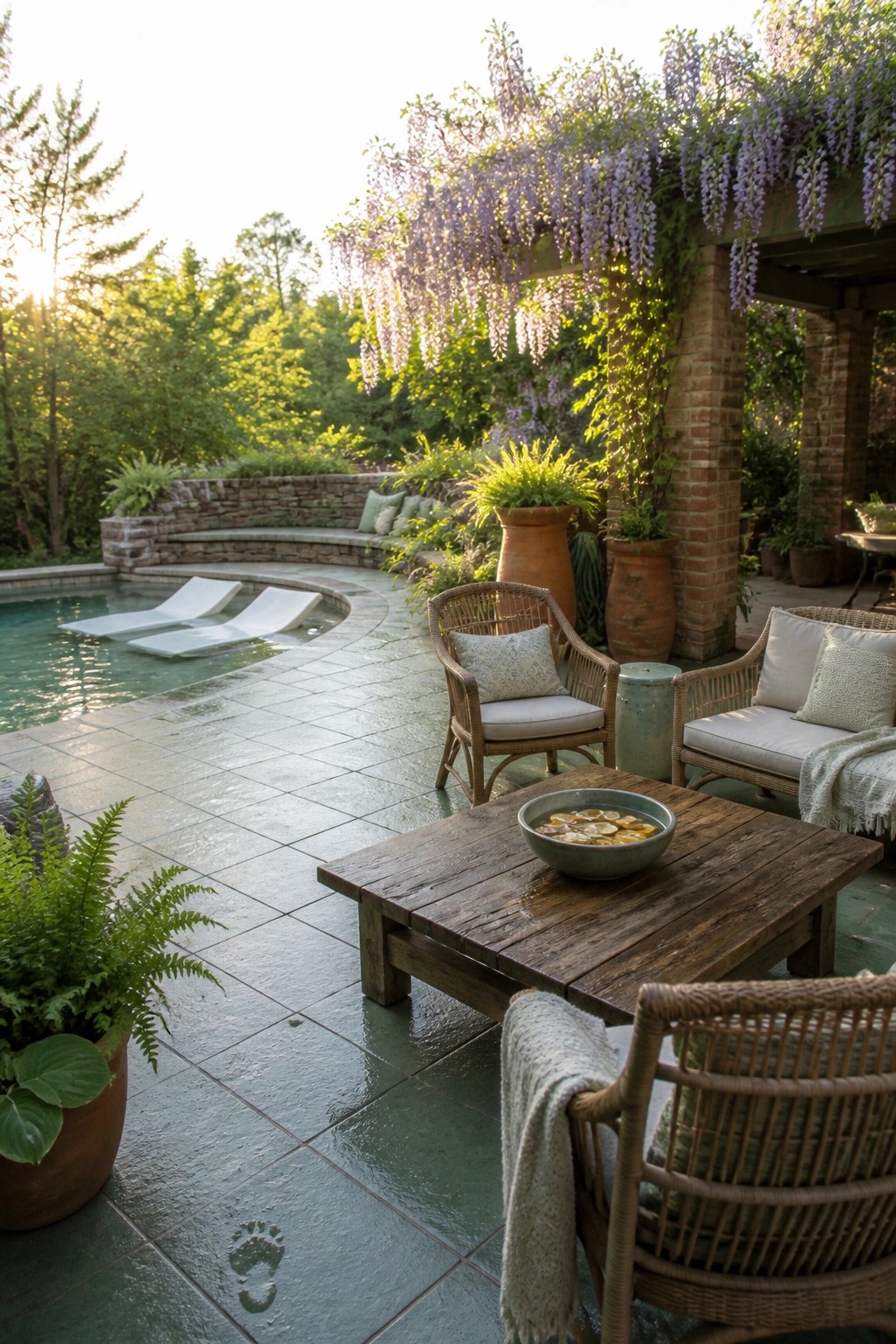 Luxurious patio with wicker seating, wooden table, pool, and blooming wisteria.