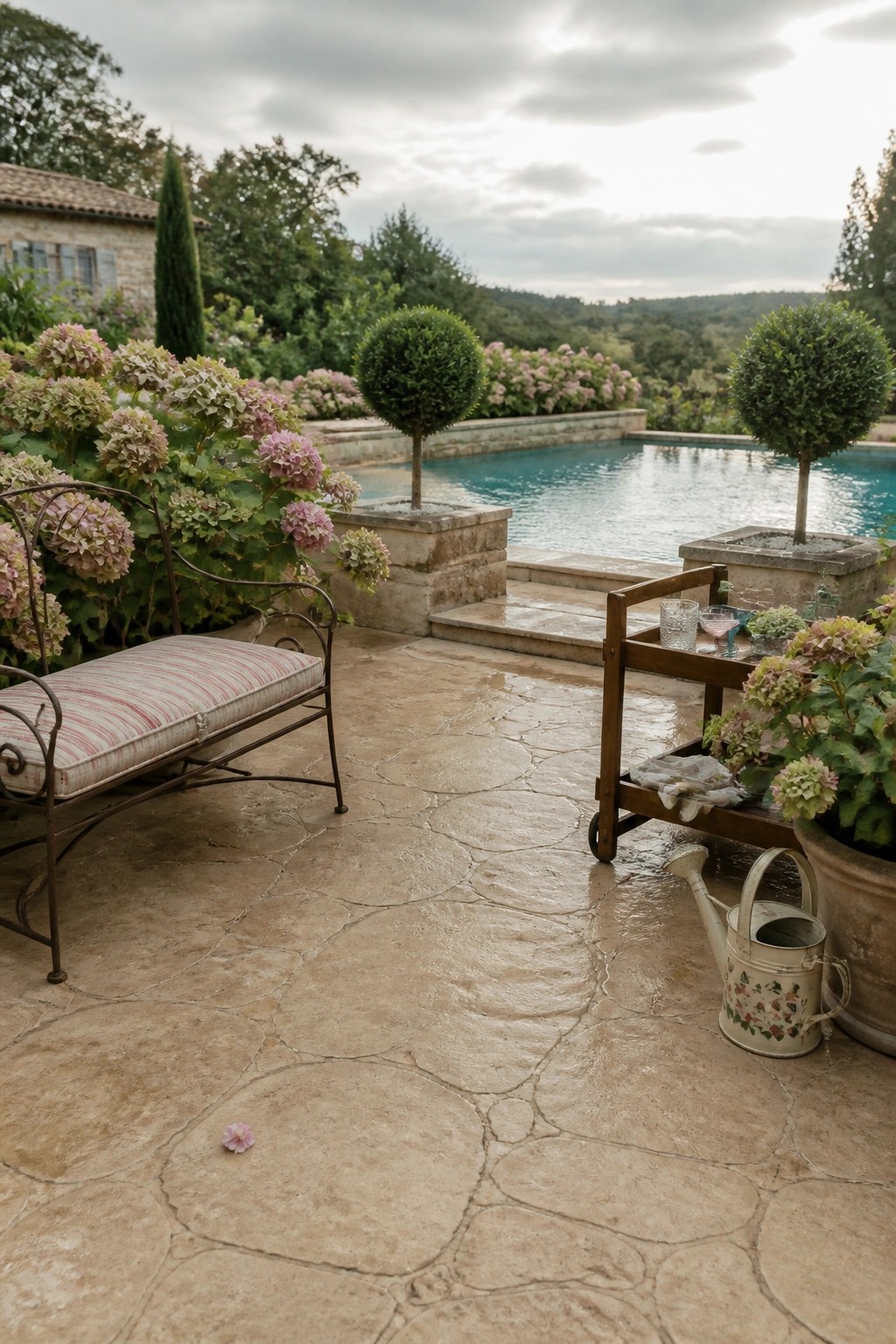 A poolside patio with stamped concrete in an irregular stone pattern, featuring a metal bench with striped cushion, a wooden bar cart, potted hydrangeas, and a swimming pool in the background.