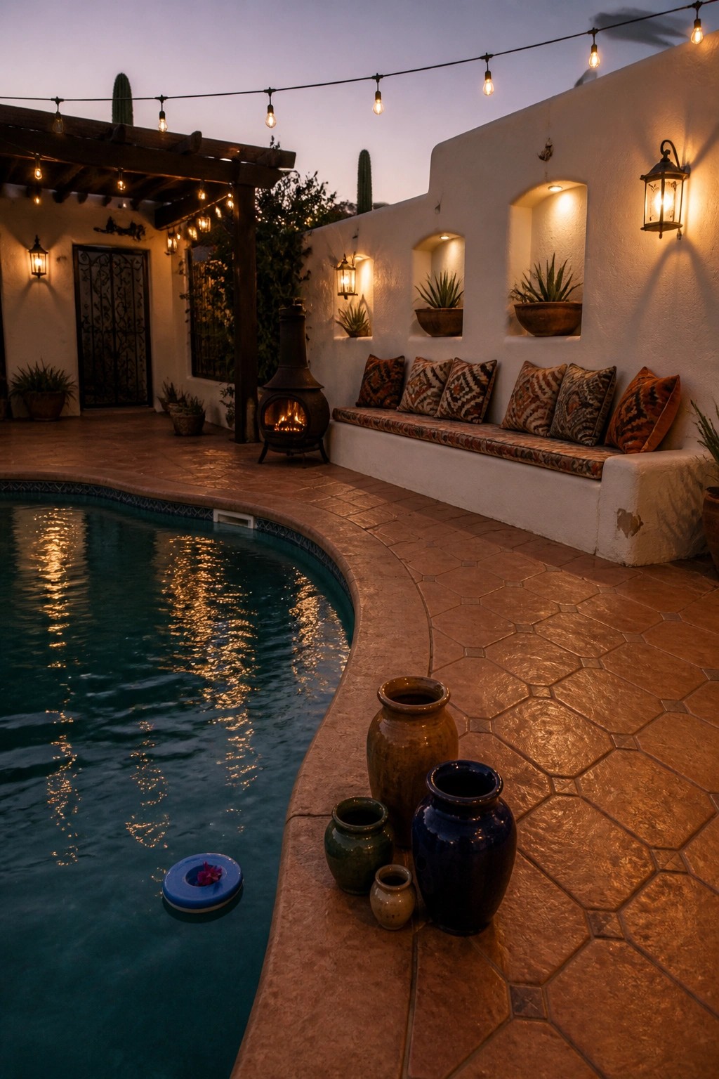 A curved swimming pool with a stamped concrete deck, built-in bench with cushions, outdoor fireplace, string lights, and potted plants along a white stucco wall at dusk.