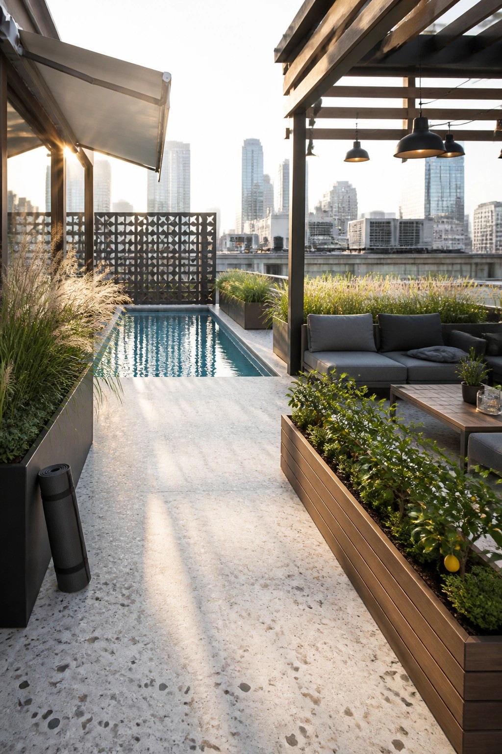 Rooftop pool area with light stamped concrete deck, rectangular pool, gray outdoor sofa under wooden pergola, and long planters with greenery overlooking a city skyline.