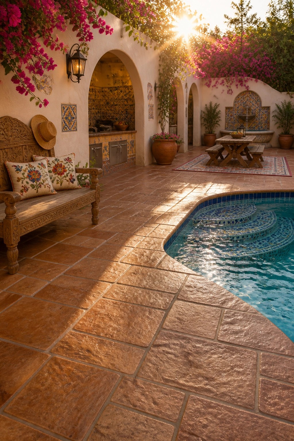 A curved stamped concrete pool deck in warm terracotta tones surrounds a blue pool, with a wooden bench, dining table, and flowering vines on white walls in the background.