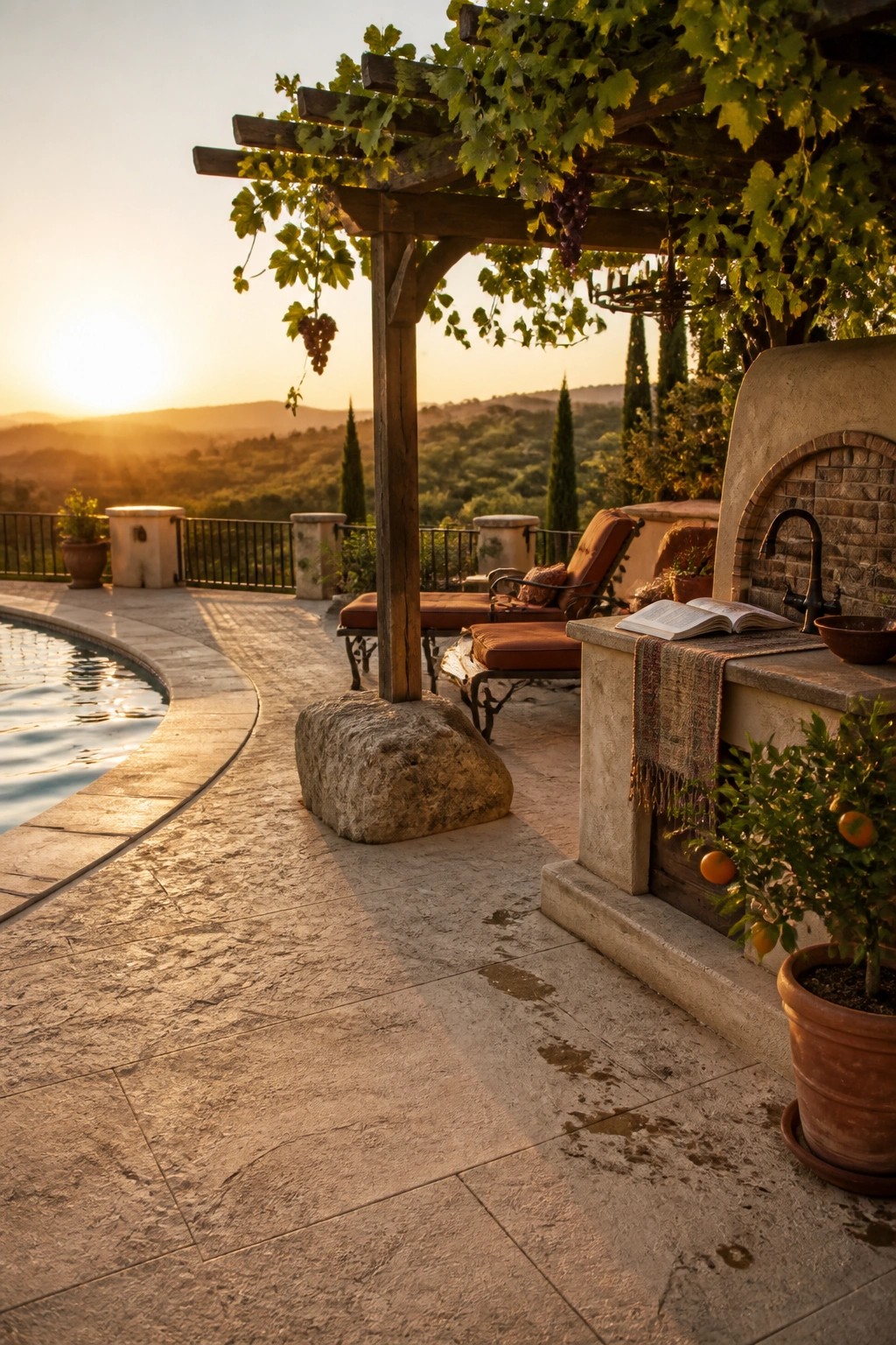 A curved pool with stamped concrete decking, a wooden pergola with hanging vines, lounge chairs, and an outdoor kitchen area set against rolling hills at sunset.