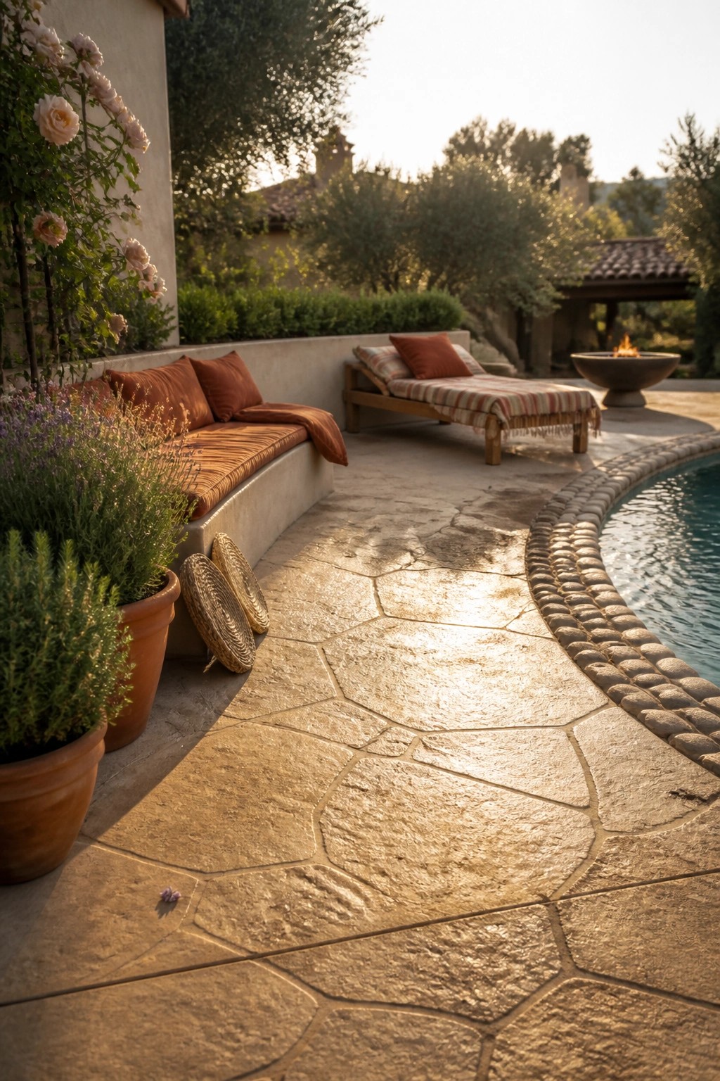 A curved stamped concrete pool deck with an irregular stone pattern borders a swimming pool, next to a wooden lounge chair and built-in seating with rust-colored cushions.