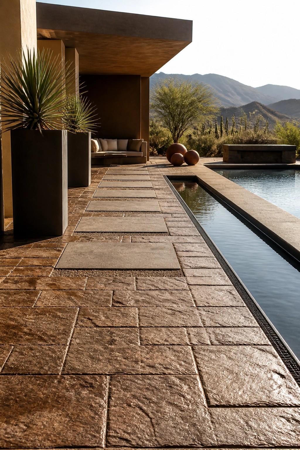 A poolside deck of large irregular brown stamped concrete pavers runs beside a long rectangular pool with desert mountains in the distance.