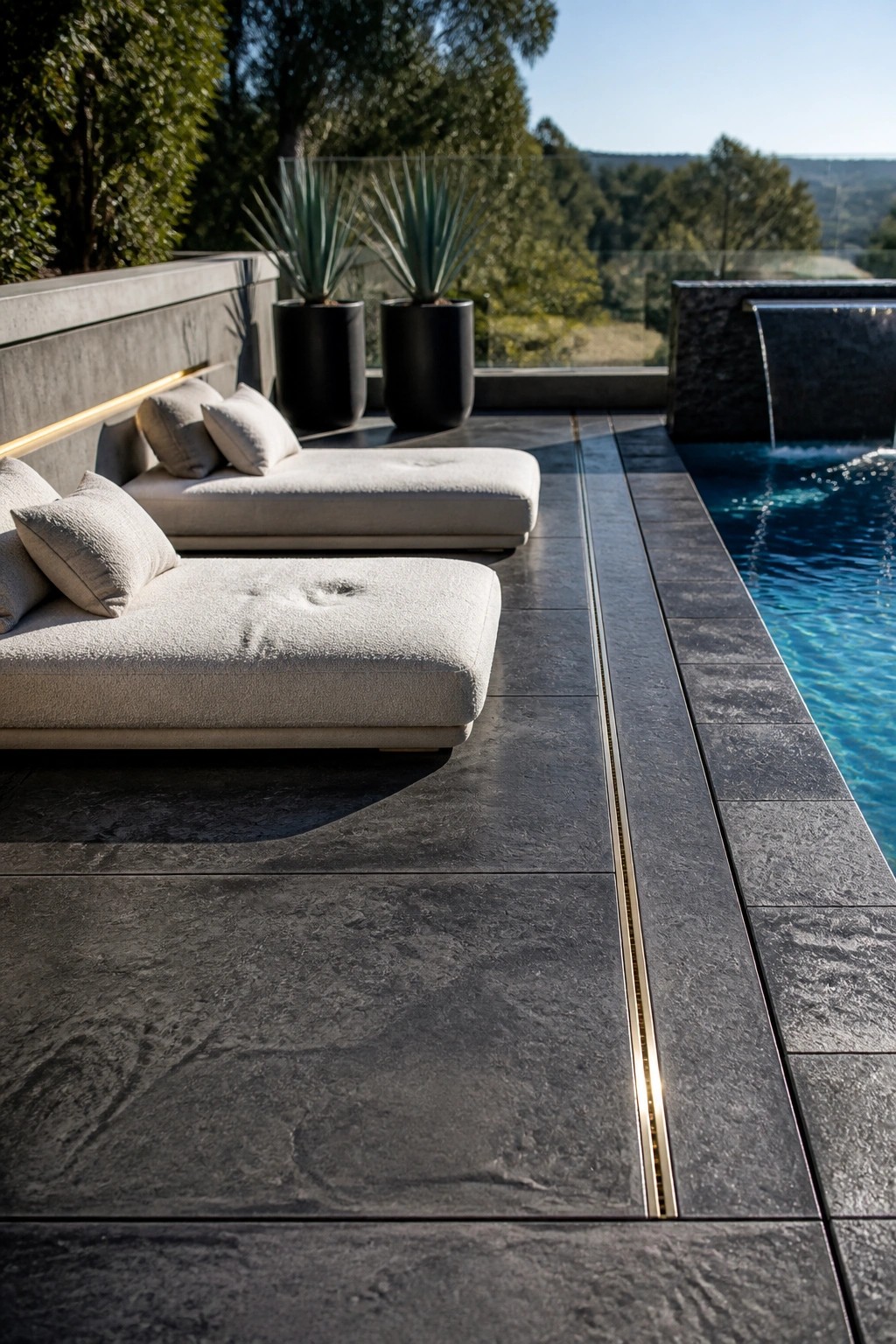 A modern outdoor pool deck with two light-colored lounge chairs on dark stamped concrete tiles beside a swimming pool with a stone water feature.