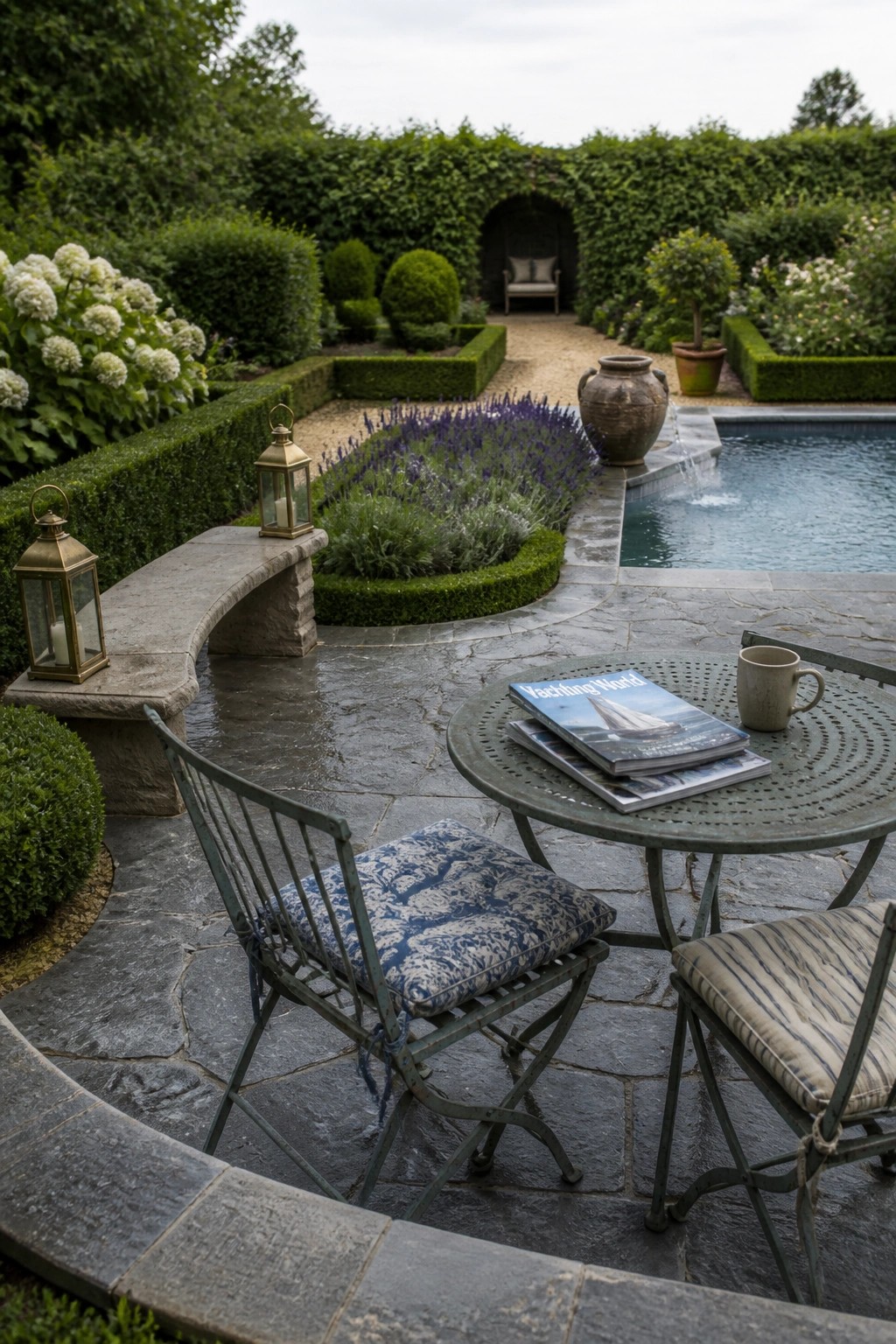 A wet stone-style pool deck with a round green metal table, two chairs, and brass lanterns beside a swimming pool and curved garden bench.