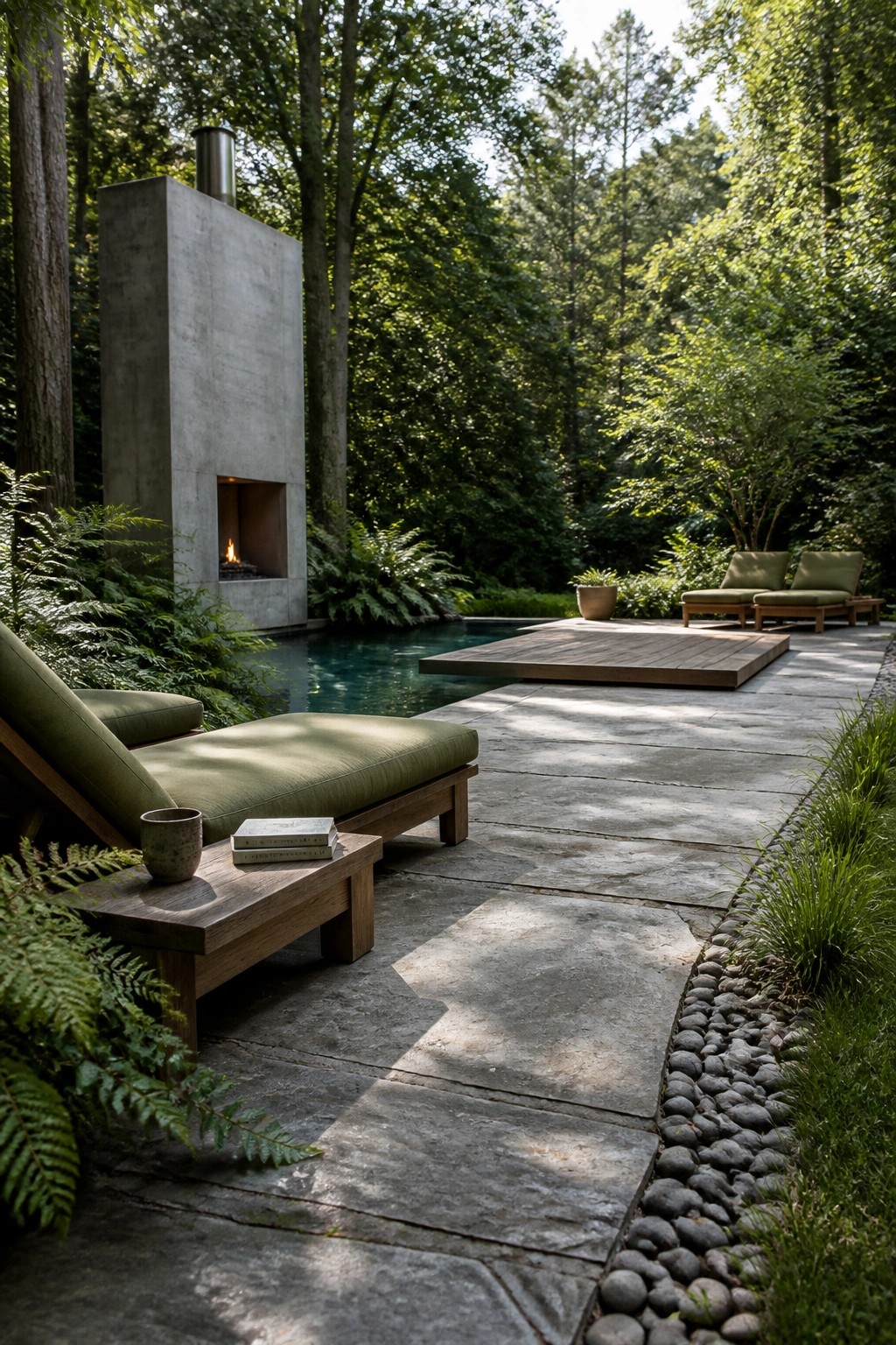 A poolside concrete deck with large pavers, green lounge chairs, a side table with books, a concrete outdoor fireplace, and a pebble border along a stone path.