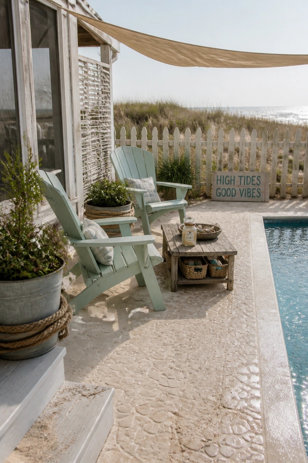 A light-colored stamped concrete pool deck with two pale blue Adirondack chairs, a low wooden table, potted plants, and a white picket fence in the background.