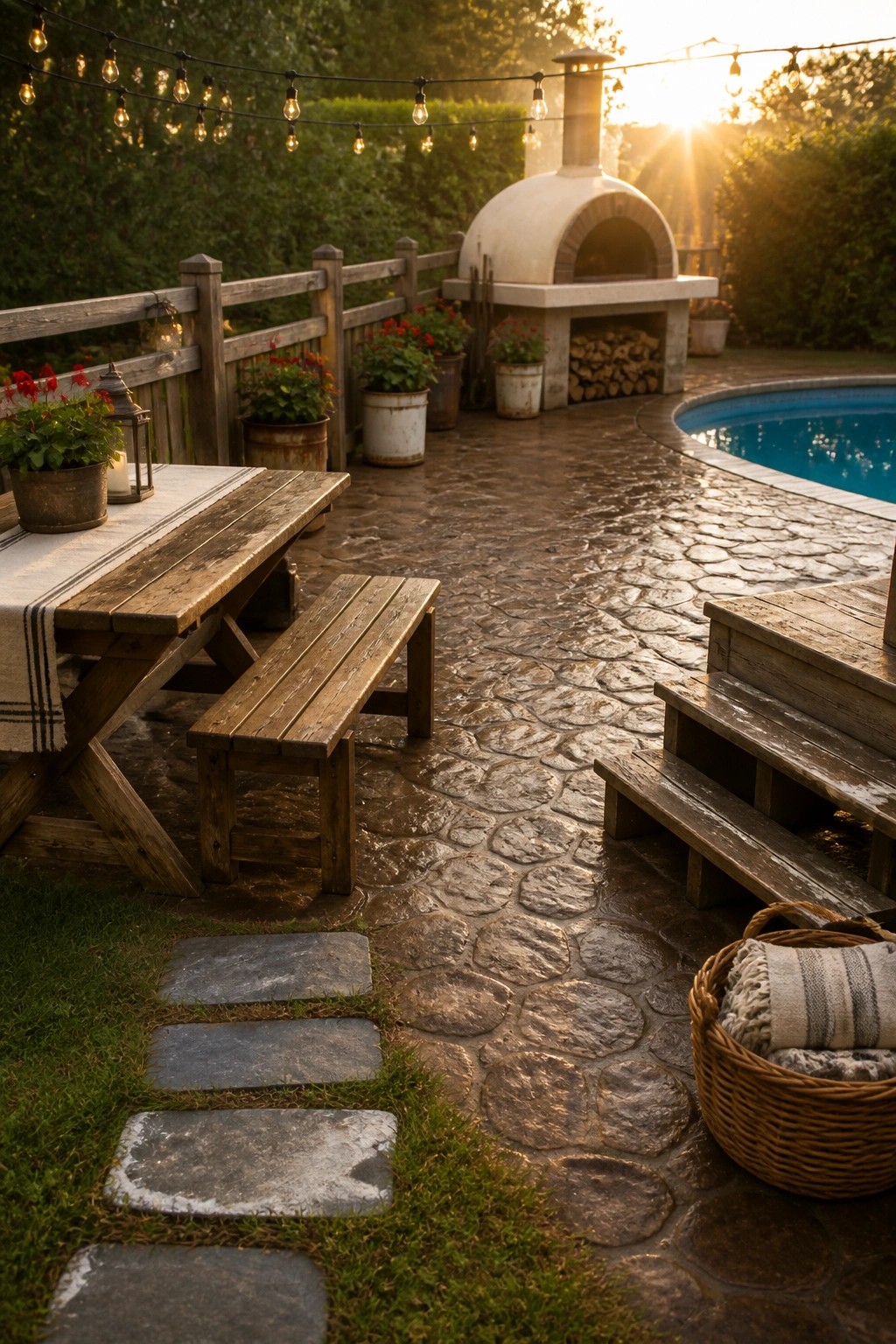 A backyard pool deck made of stamped concrete with an irregular stone pattern, featuring a wooden picnic table, a pizza oven, potted plants, and string lights at sunset.