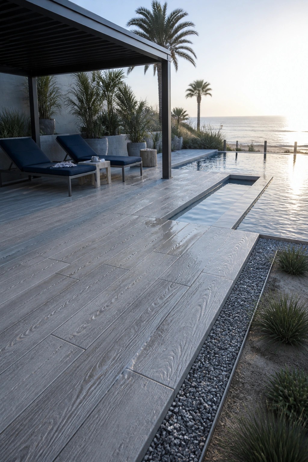 A modern pool deck made of gray stamped concrete planks resembling wood, with blue lounge chairs under a dark pergola, a narrow pool edge, and gravel drainage channel beside the deck.