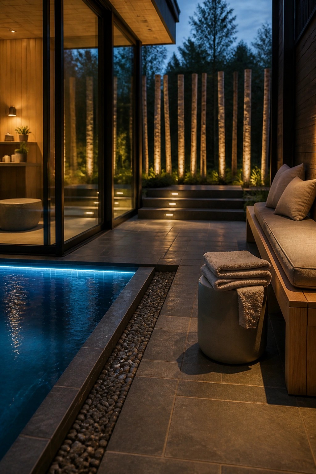 19 Smart Pool Patio Lighting Ideas to Extend Outdoor Enjoyment After Dark An outdoor pool patio at dusk featuring a blue-lit swimming pool, a wooden bench with stacked towels, and illuminated vertical wooden poles in the background.