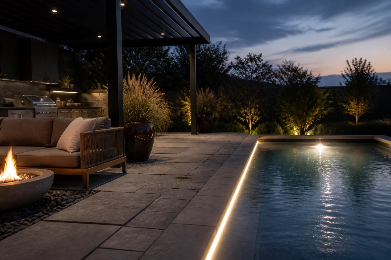 An outdoor pool patio at dusk with a linear light strip along the stone pavers, a fire pit, outdoor sofa, and large potted plants.