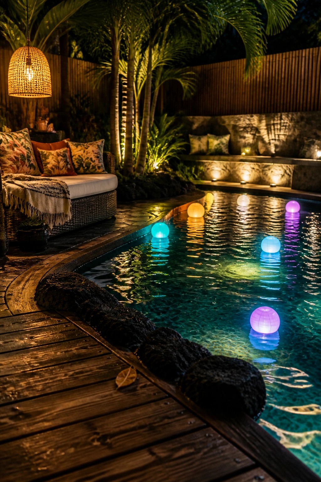 19 Smart Pool Patio Lighting Ideas to Extend Outdoor Enjoyment After Dark A nighttime view of a curved swimming pool with several glowing orbs in blue, purple, white, and turquoise floating on the water, next to a wooden deck, cushioned seating, and palm trees.