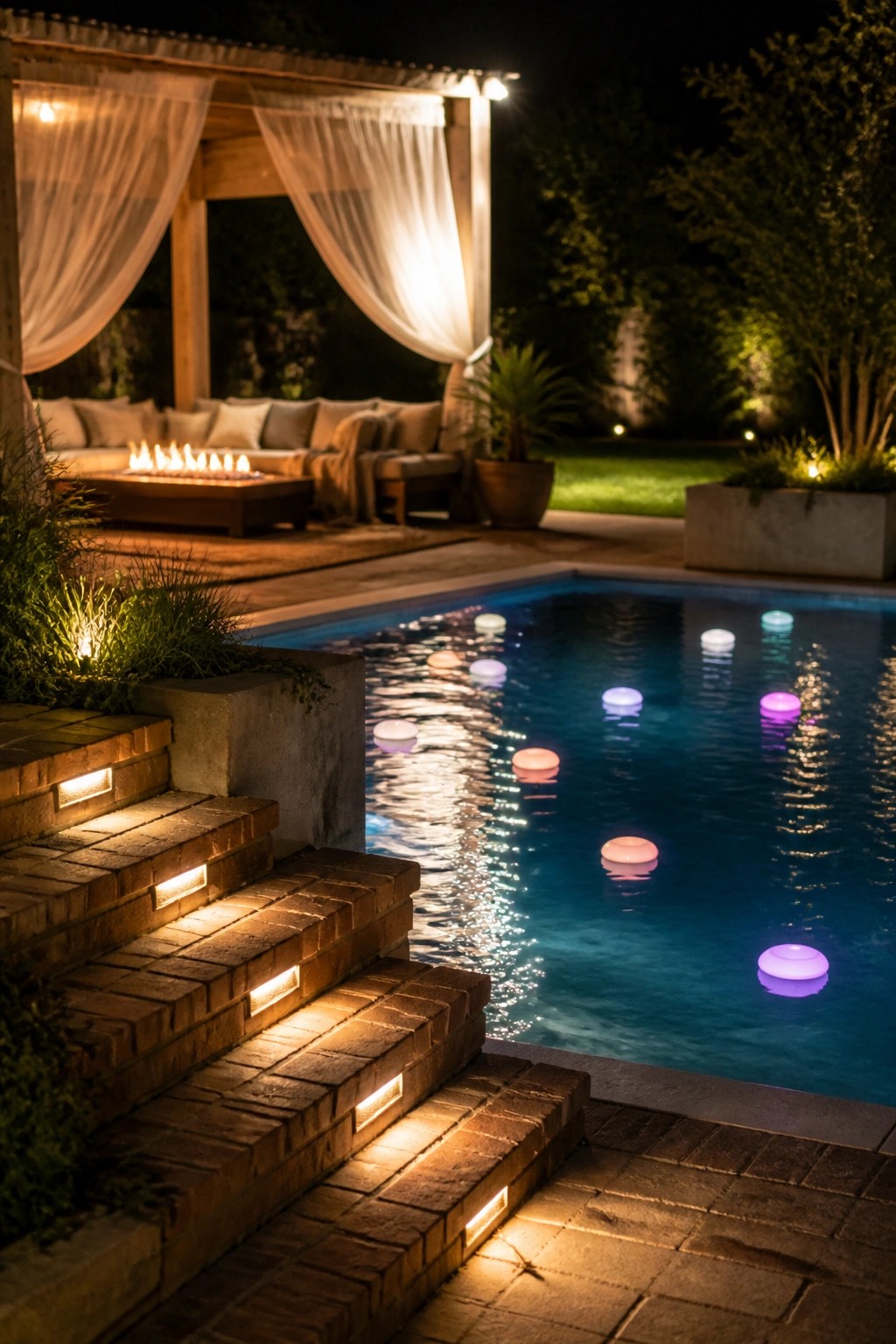 19 Smart Pool Patio Lighting Ideas to Extend Outdoor Enjoyment After Dark Nighttime pool with colorful glowing orbs, lit pergola, and brick steps
