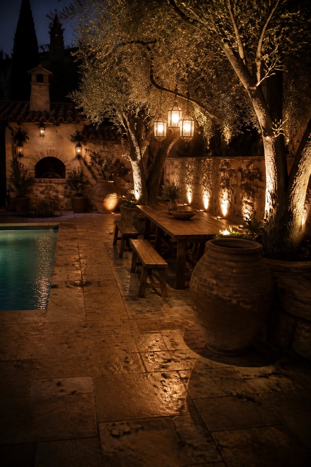 19 Smart Pool Patio Lighting Ideas to Extend Outdoor Enjoyment After Dark A nighttime scene of a stone patio beside a pool, featuring a wooden dining table with benches, large clay pots, and several lit lanterns suspended from tree branches.