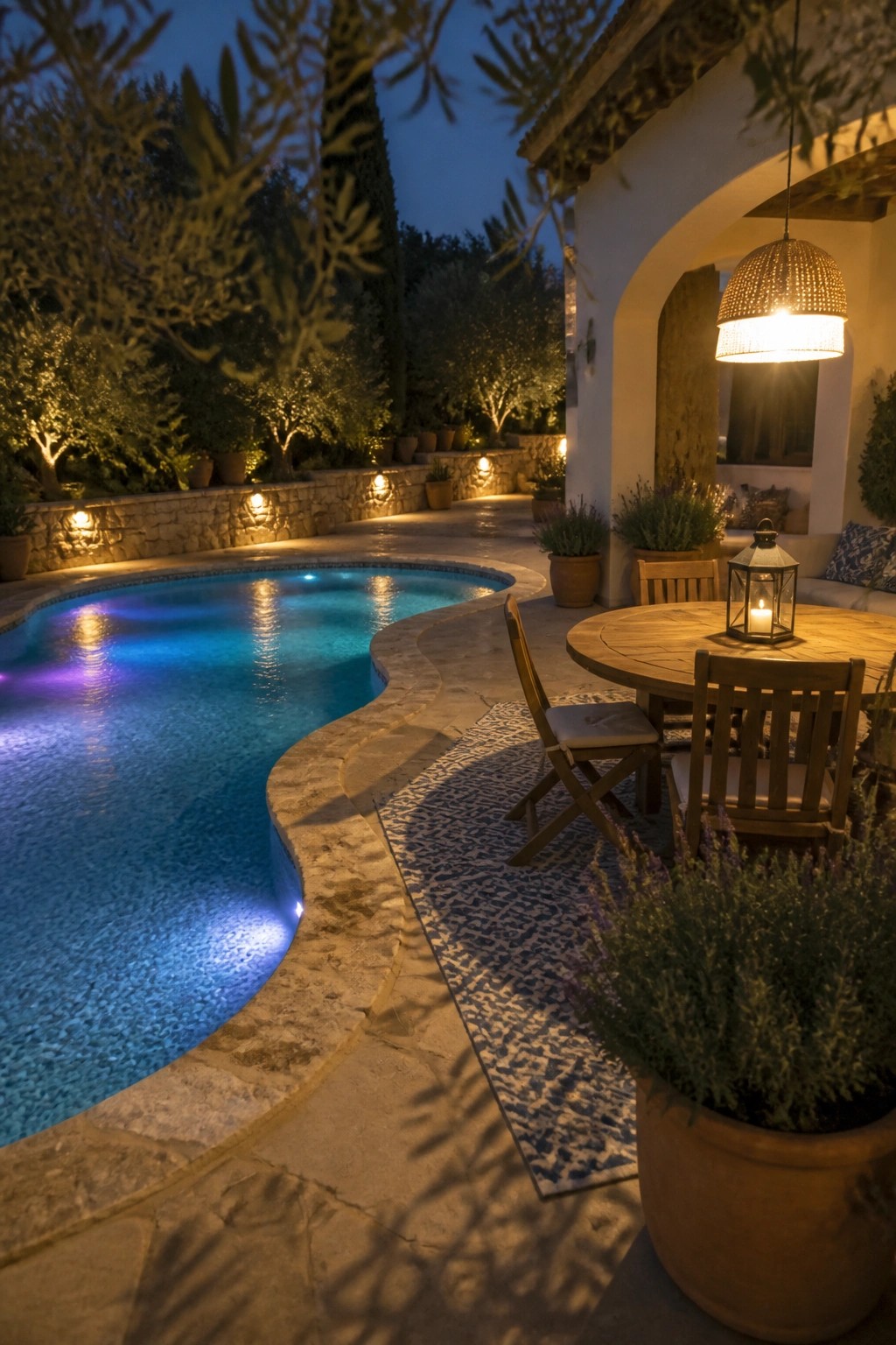 19 Smart Pool Patio Lighting Ideas to Extend Outdoor Enjoyment After Dark Nighttime scene of glowing blue pool beside wooden patio table and lantern lights