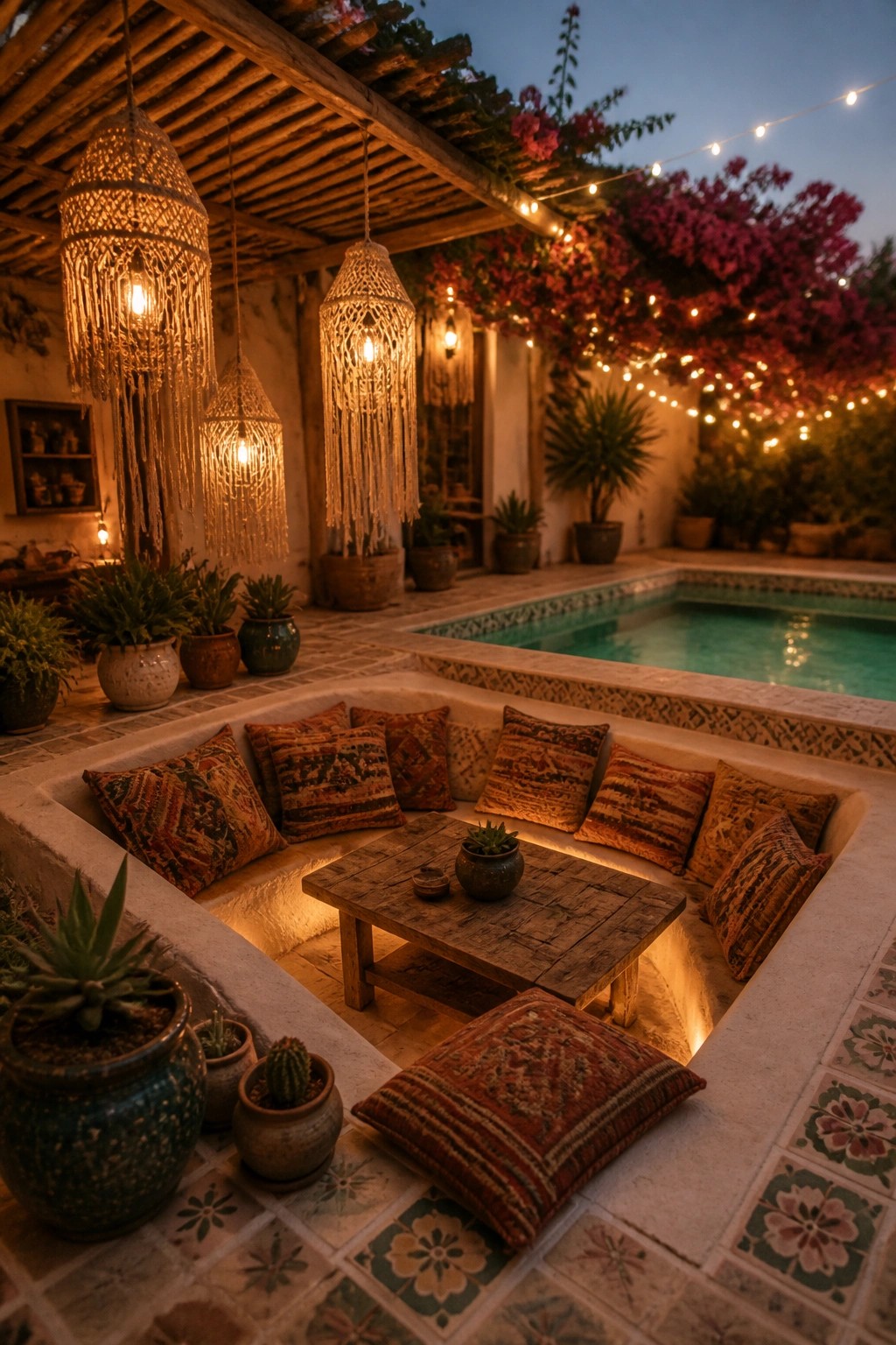 19 Smart Pool Patio Lighting Ideas to Extend Outdoor Enjoyment After Dark A poolside patio at dusk featuring woven hanging lanterns, string lights along a wooden pergola, built-in seating with patterned cushions, a low wooden table, and a swimming pool in the background.