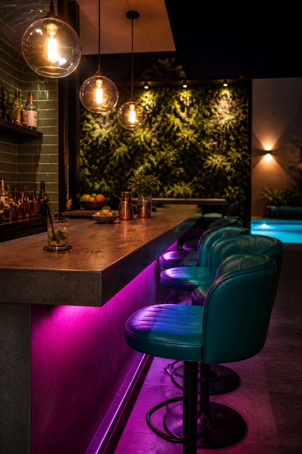 19 Smart Pool Patio Lighting Ideas to Extend Outdoor Enjoyment After Dark Teal bar stools glowing under purple lights along a sleek modern counter