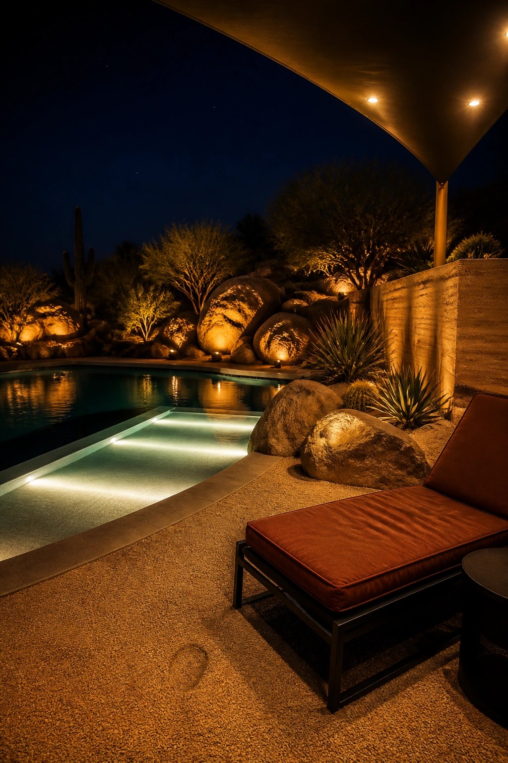 19 Smart Pool Patio Lighting Ideas to Extend Outdoor Enjoyment After Dark A nighttime view of a rectangular pool with a glowing edge light, large boulders, desert plants, and a red lounge chair on the surrounding patio.