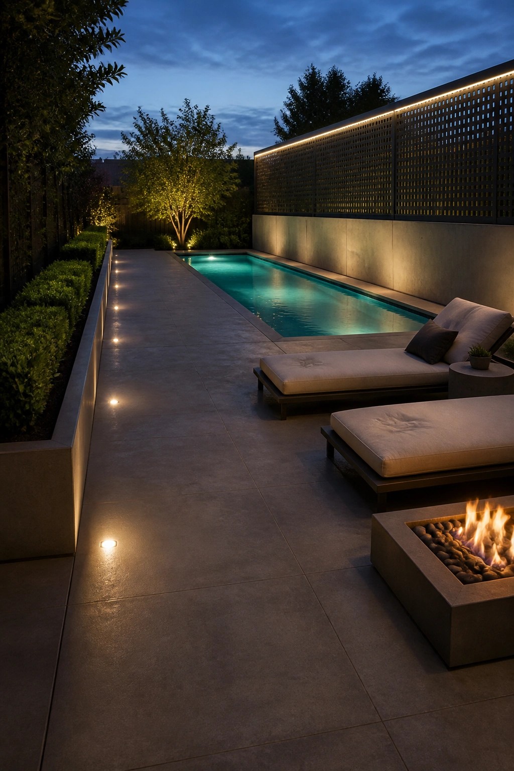 19 Smart Pool Patio Lighting Ideas to Extend Outdoor Enjoyment After Dark A rectangular pool with glowing water sits beside a concrete patio lined with low in-ground lights, two lounge chairs, and a fire pit at dusk.