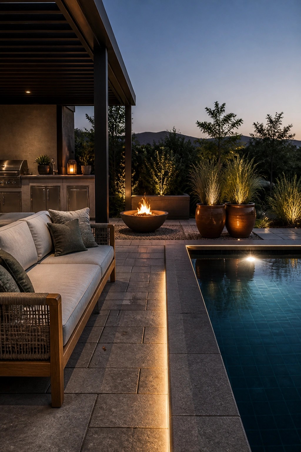 19 Smart Pool Patio Lighting Ideas to Extend Outdoor Enjoyment After Dark An outdoor pool patio at dusk with a linear light strip along the stone pavers, a fire pit, outdoor sofa, and large potted plants.