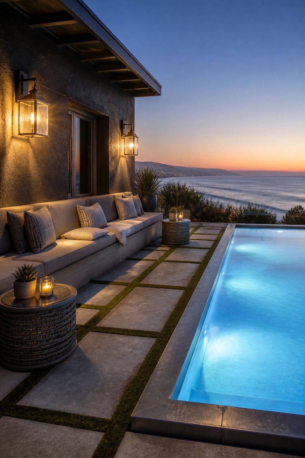 19 Smart Pool Patio Lighting Ideas to Extend Outdoor Enjoyment After Dark A modern poolside patio with a built-in sofa, wall-mounted lanterns, a long rectangular pool, and ocean view at dusk.