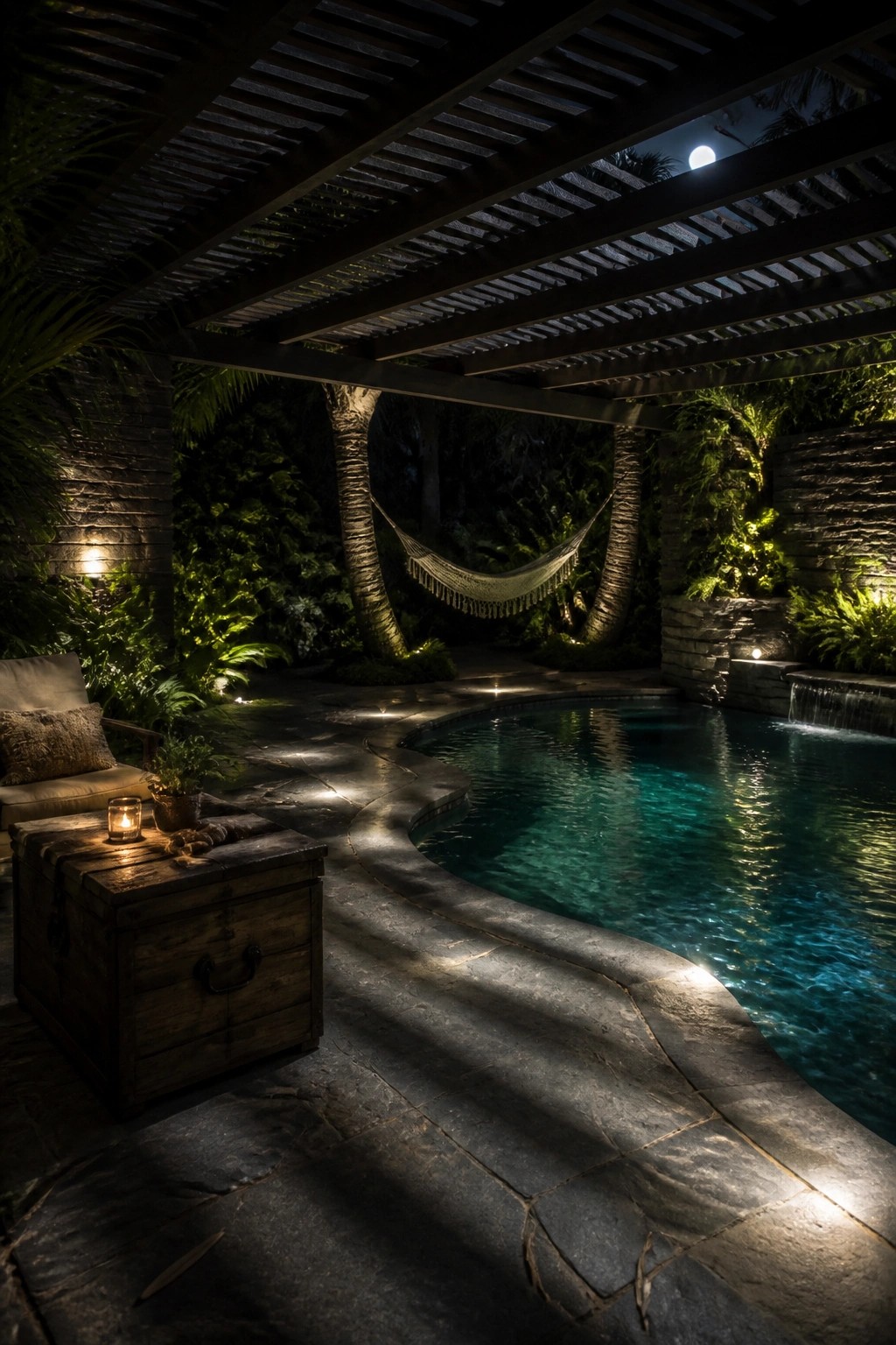 19 Smart Pool Patio Lighting Ideas to Extend Outdoor Enjoyment After Dark Nighttime pool with hammock, palm trees, candlelit chest, and glowing turquoise water.