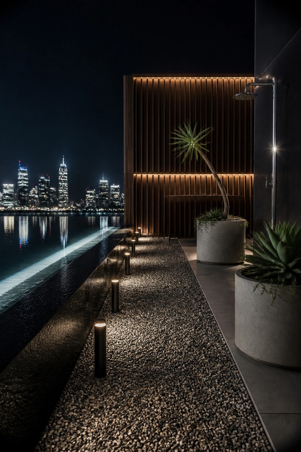 19 Smart Pool Patio Lighting Ideas to Extend Outdoor Enjoyment After Dark A nighttime poolside scene with a row of short cylindrical bollard lights along a gravel path next to an infinity pool, a wooden wall with a mounted outdoor shower, and potted plants in concrete containers.