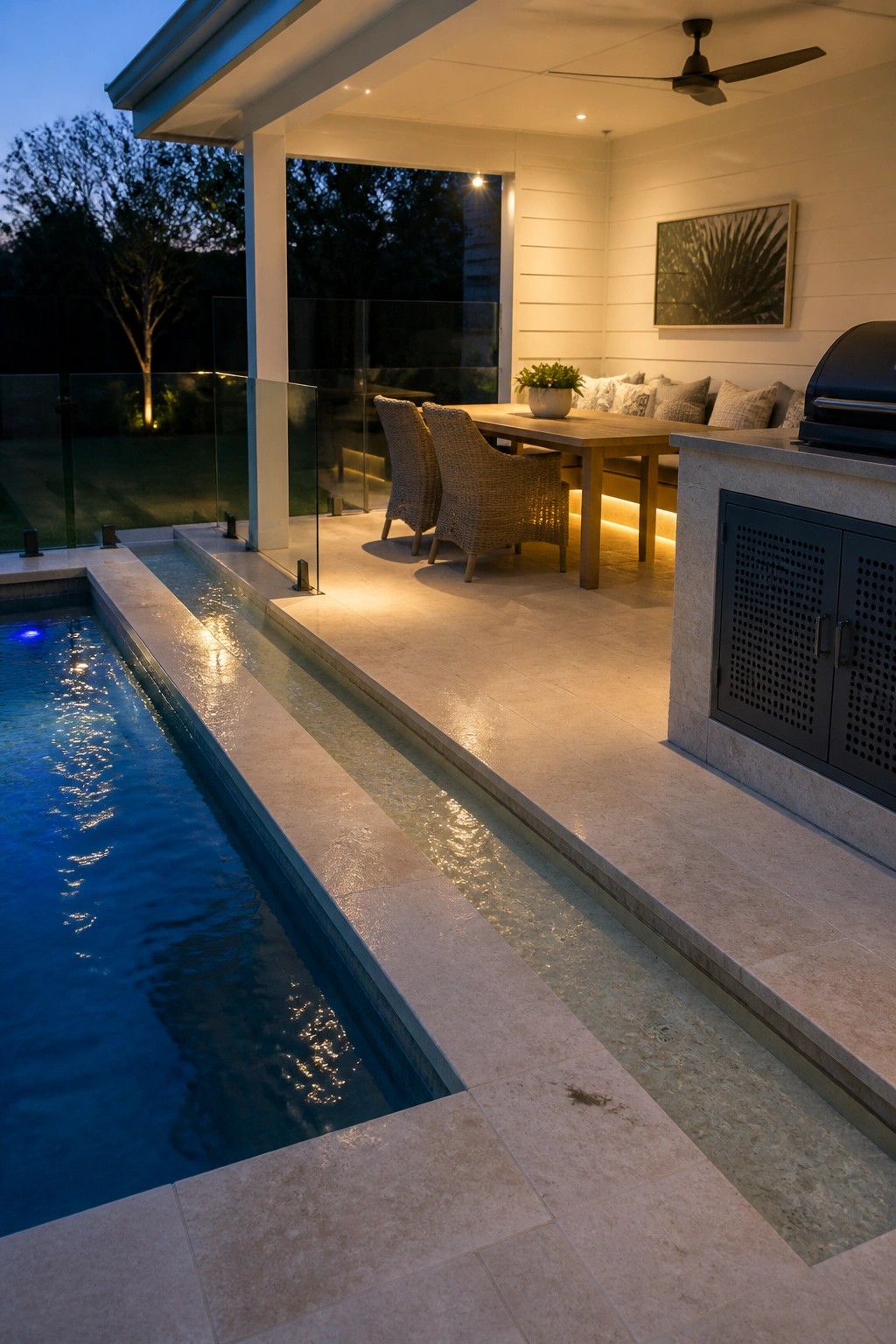 19 Smart Pool Patio Lighting Ideas to Extend Outdoor Enjoyment After Dark A rectangular lap pool with glowing blue water and warm linear lighting along the stone edge, next to a covered patio with a dining table, wicker chairs, and an outdoor kitchen at dusk.