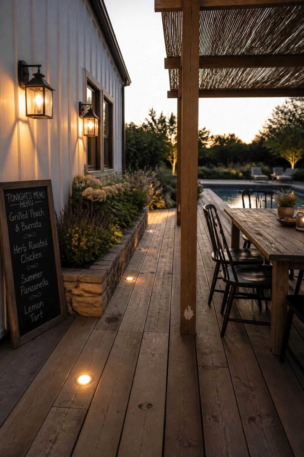 19 Smart Pool Patio Lighting Ideas to Extend Outdoor Enjoyment After Dark A wooden deck beside a pool at dusk with recessed lights set into the boards, a dining table with chairs, wall lanterns on a white house, and a menu sign in the foreground.