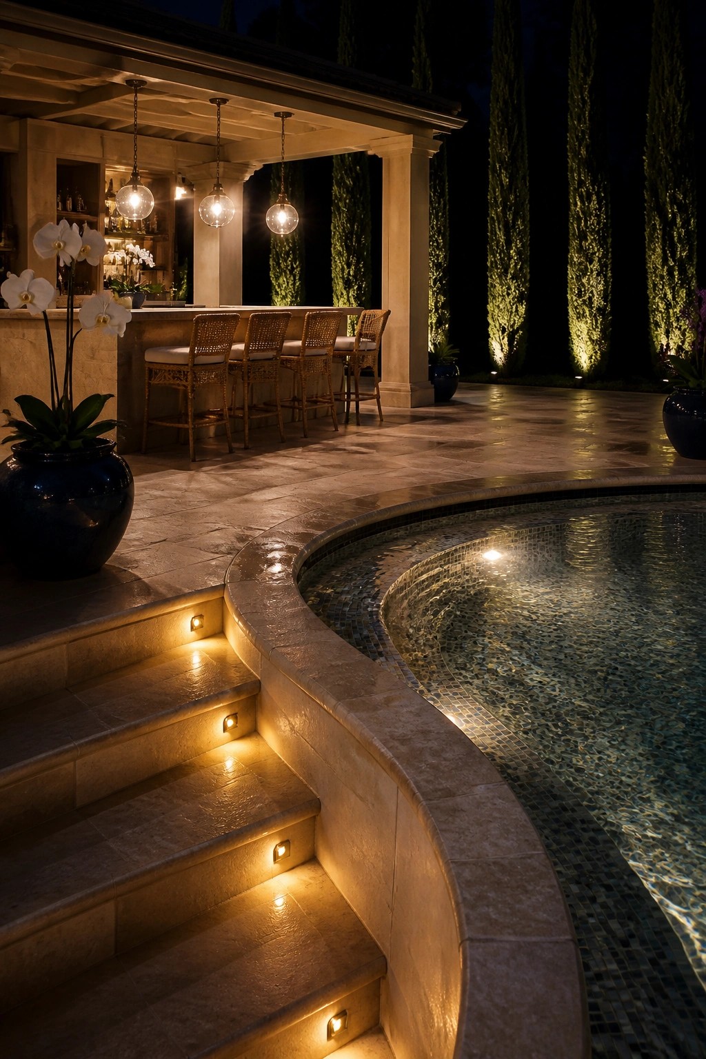 19 Smart Pool Patio Lighting Ideas to Extend Outdoor Enjoyment After Dark A nighttime scene of a curved stone pool with illuminated steps leading into the water and a covered outdoor bar with hanging lights in the background.