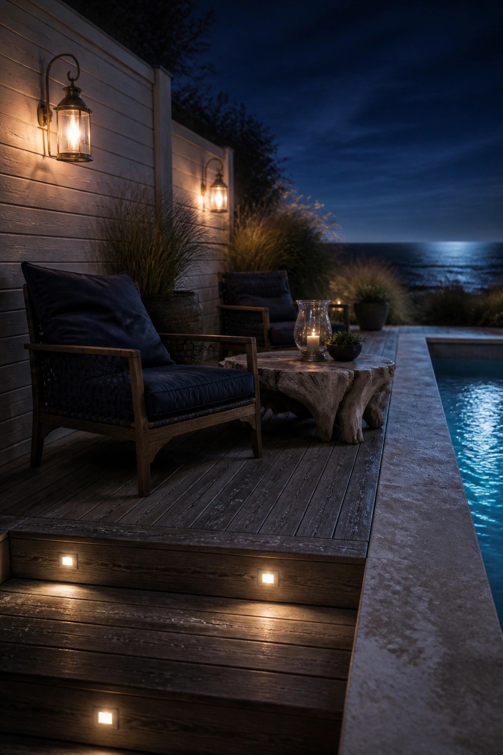 19 Smart Pool Patio Lighting Ideas to Extend Outdoor Enjoyment After Dark A nighttime view of a wooden deck beside a pool, with dark cushioned chairs, a rustic table holding a lantern, wall lanterns on a white fence, and small recessed lights illuminating the steps.
