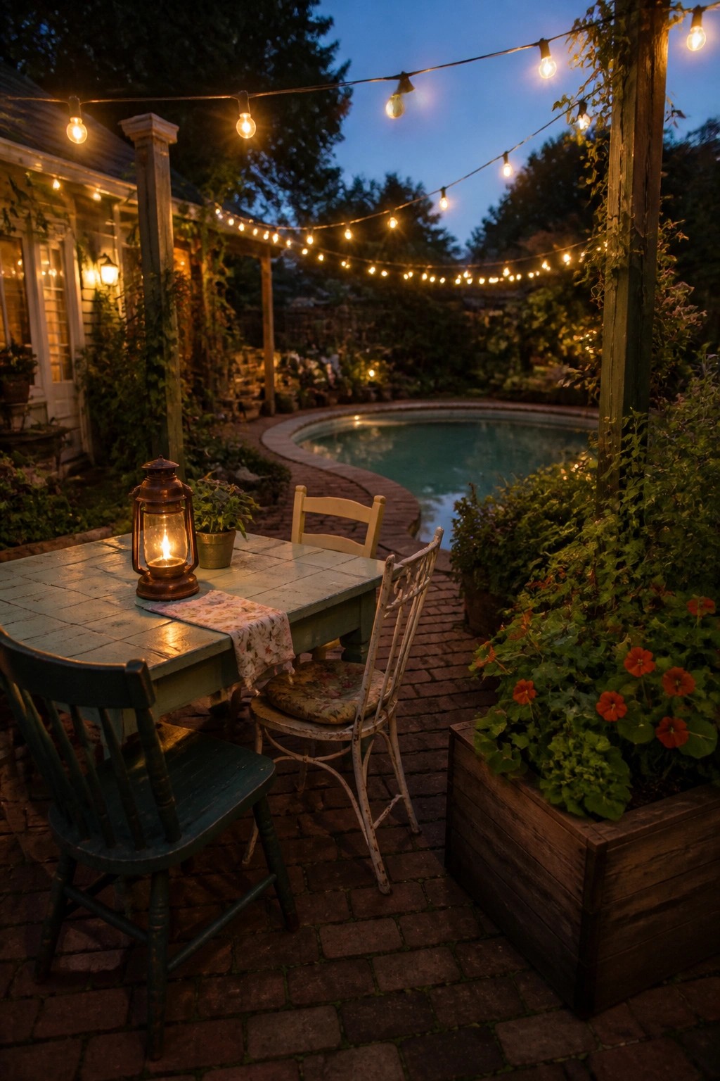 19 Smart Pool Patio Lighting Ideas to Extend Outdoor Enjoyment After Dark Patio table with lantern and string lights beside pool at dusk