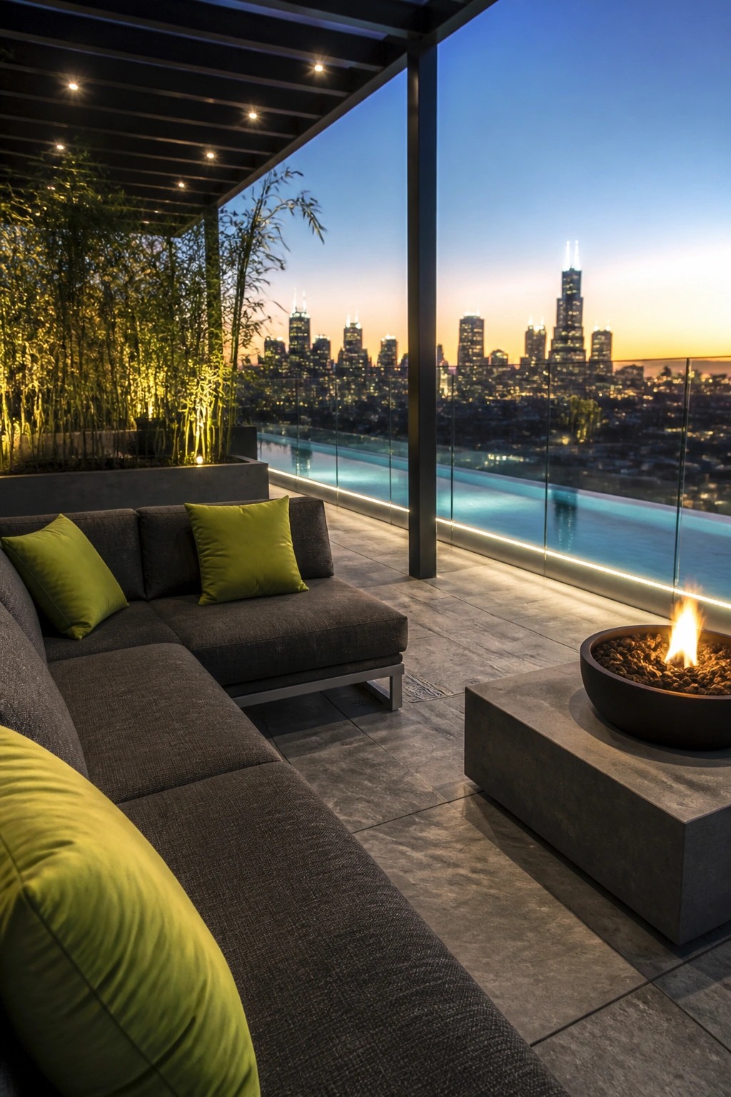 19 Smart Pool Patio Lighting Ideas to Extend Outdoor Enjoyment After Dark Rooftop patio with dark sectional sofa, lime green pillows, concrete fire pit, illuminated infinity pool, and city skyline at dusk.