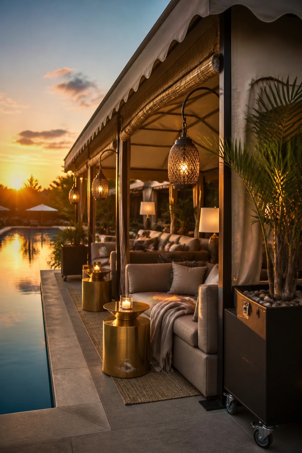 19 Versatile Temporary Pool Shade Ideas for Seasonal Pool Setups Outdoor poolside lounge with gray sofas under a large beige canopy awning, golden side tables, hanging lanterns, and a potted palm at sunset.