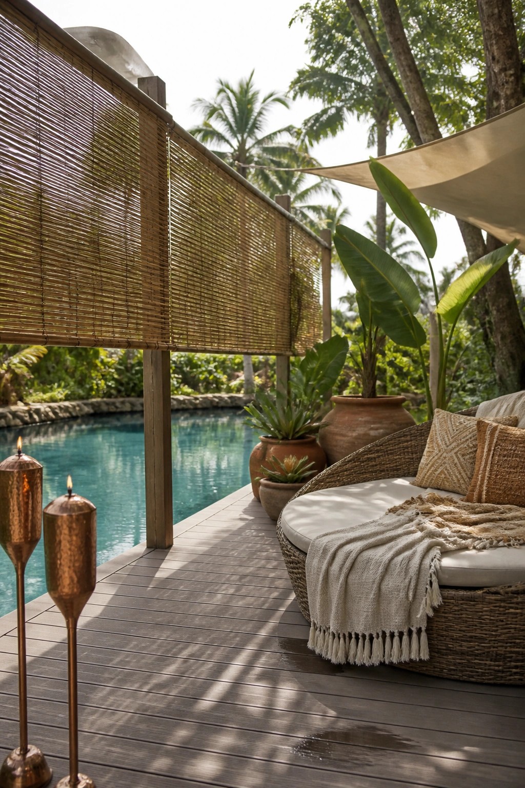 19 Versatile Temporary Pool Shade Ideas for Seasonal Pool Setups A poolside deck with a bamboo shade screen on wooden posts, a round wicker daybed, potted plants, and copper torches near the water.