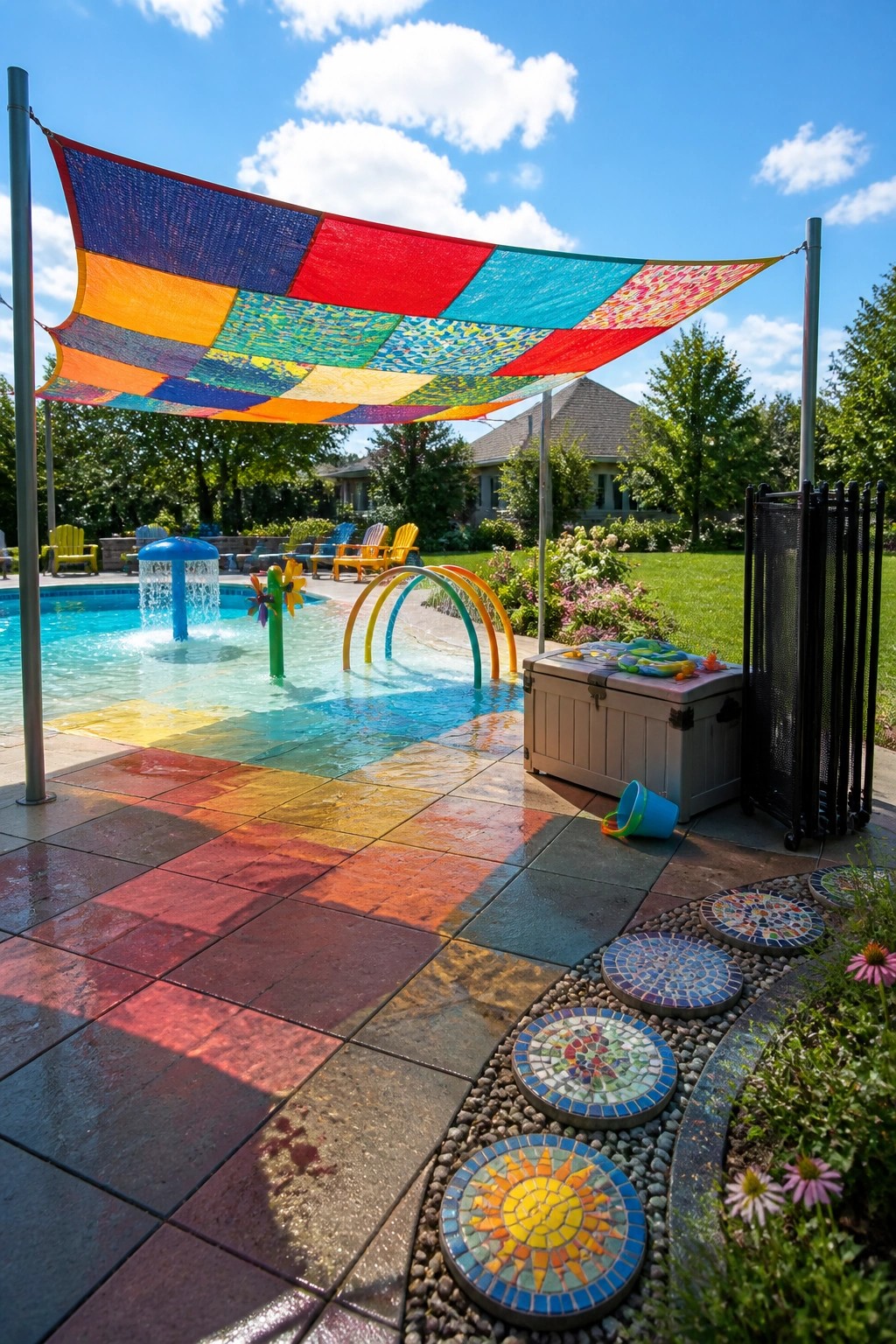 19 Versatile Temporary Pool Shade Ideas for Seasonal Pool Setups Rainbow shade sail over backyard pool with mosaic stepping stones and water toys.
