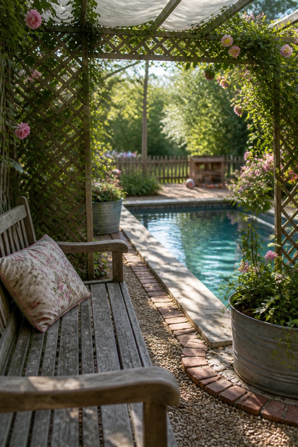 19 Versatile Temporary Pool Shade Ideas for Seasonal Pool Setups A wooden pergola with white fabric draped overhead next to a rectangular pool, featuring a weathered bench with a floral cushion and potted plants along the brick-edged path.