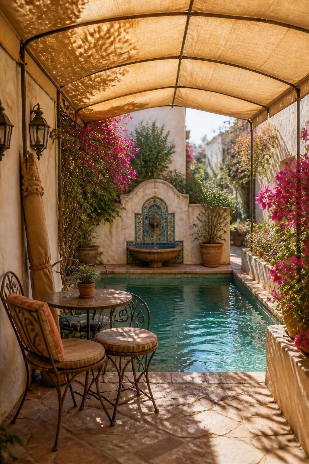 19 Versatile Temporary Pool Shade Ideas for Seasonal Pool Setups A narrow pool with turquoise water sits under a beige fabric canopy, with metal table and chairs on the stone patio and pink flowers along the walls.