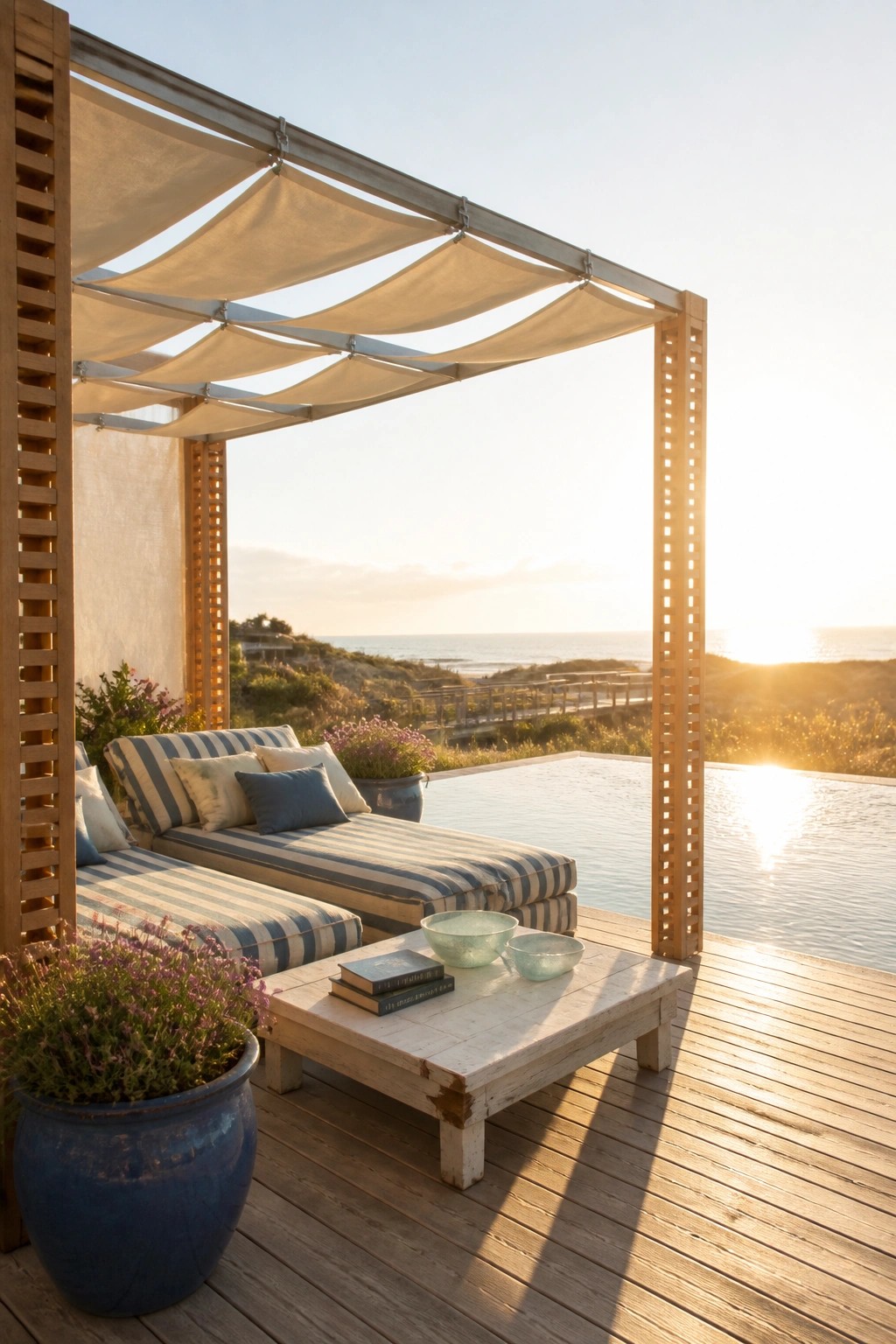 19 Versatile Temporary Pool Shade Ideas for Seasonal Pool Setups Wooden deck with two striped lounge chairs under a beige fabric canopy next to an infinity pool at sunset.