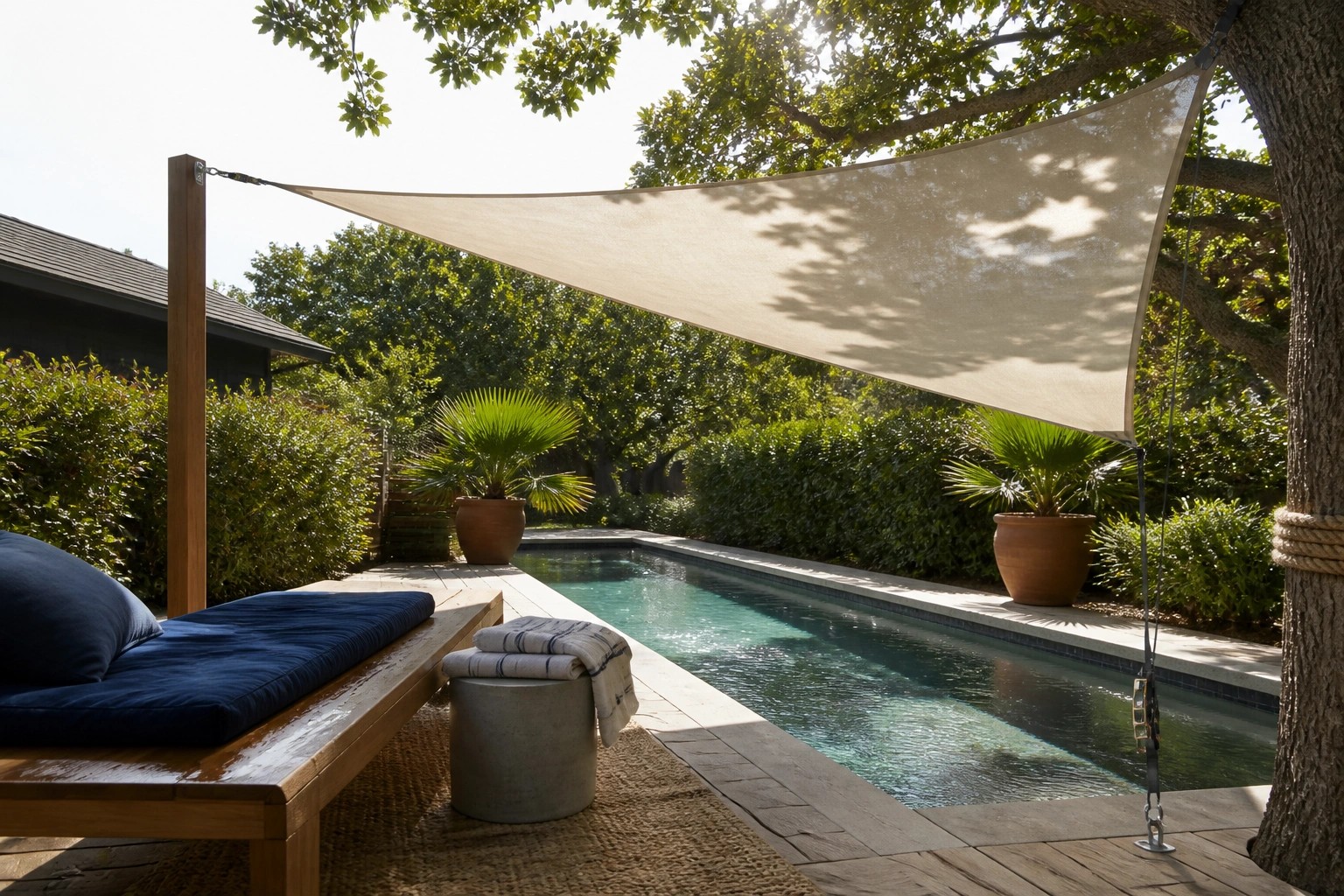 19 Versatile Temporary Pool Shade Ideas for Seasonal Pool Setups A triangular fabric shade sail is stretched over a swimming pool on a wooden deck, attached to a white post on one side and a tree trunk on the other, with a lounge chair and potted plants in view.