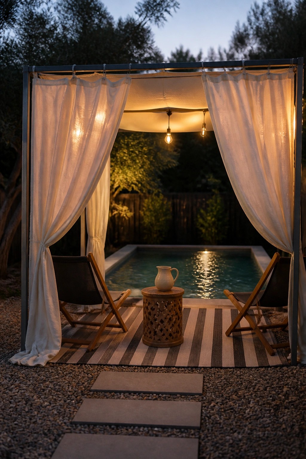 19 Versatile Temporary Pool Shade Ideas for Seasonal Pool Setups An outdoor pool area with a metal frame draped in white curtains, two folding chairs, a small table, and a striped rug on gravel beside the water at dusk.